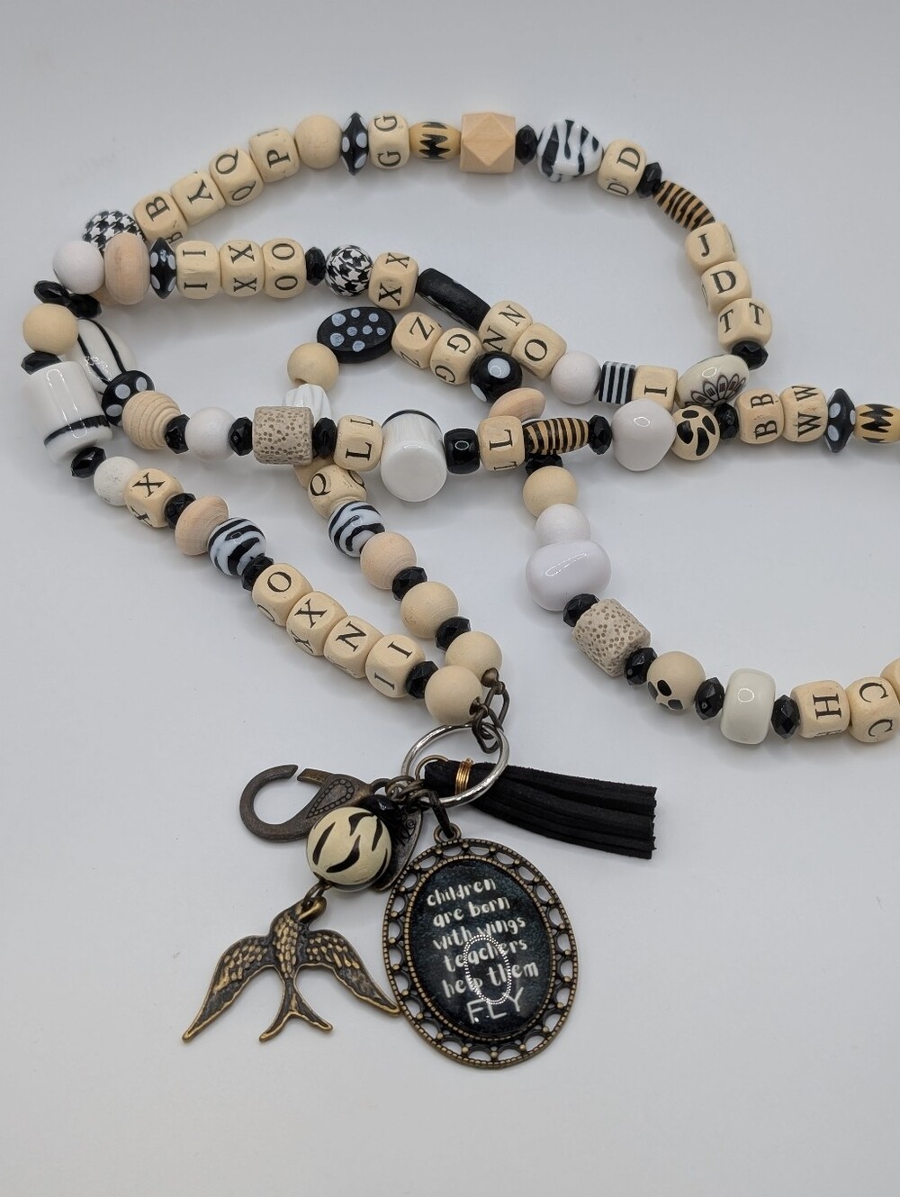 Plunder Teacher Beaded Black & Cream Alphabet Lanyard w/Tassel and Charms NWOT